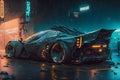 Futuristic race sport car retro 80s style in cyberpunk neon city. Grunge sport design. Future modern automotive Royalty Free Stock Photo