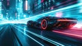 Futuristic racing car drives fast on highway at night, rear view, shiny luxury auto runs on city road. Modern sports vehicle moves Royalty Free Stock Photo