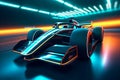 Futuristic racing formula at fast ride to finish. Postproducted generative AI digital illustration.Generative AI