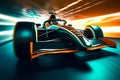 Futuristic racing formula at fast ride to finish. Postproducted generative AI digital illustration.Generative AI