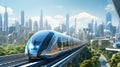 Futuristic Rail Shuttle Through Cities. Futuristic train very fast driving. Futuristic city concept