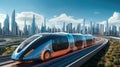 Futuristic Rail Shuttle Through Cities. Modern Hi-Speed Passenger Train