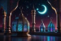 Cyber Ramadan Kareem: Neon Calligraphy & Galactic Lanterns in a Digital Universe Royalty Free Stock Photo