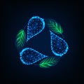 Futuristic recycle sign made of glowing low poly water drops and green leaves on dark blue Royalty Free Stock Photo