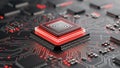 Futuristic Red and Black Microchip on Circuit Board with Glowing Elements Royalty Free Stock Photo