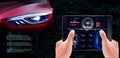 The futuristic red car on a technological background. Scanning Car,