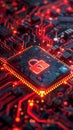 Futuristic red circuit board illuminated with vibrant lights, featuring central padlock icon for secure encryption technology