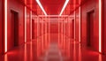 Futuristic red hallway with glowing lights, elevators on sides. Clean, minimalist interior with smooth floor reflections. Modern Royalty Free Stock Photo