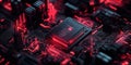 Futuristic red-lit microprocessor on circuit board with intricate details and glowing elements Royalty Free Stock Photo