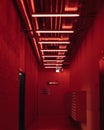 Futuristic red shining neon lights in an entrance / lobby