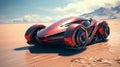 Futuristic red sports car in a desert landscape of an alien planet. Concept of innovation, speed, luxury vehicles, and Royalty Free Stock Photo