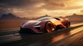 Futuristic red sports car in a desert landscape of an alien planet. Concept of innovation, speed, luxury vehicles, and Royalty Free Stock Photo