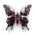Futuristic rendering of an armored butterfly with robotic enhancements and glowing red accents, showcasing advanced technology and