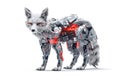 Futuristic rendering of an armored fox with robotic enhancements and glowing red accents, showcasing advanced technology and