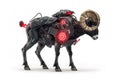 Futuristic rendering of an armored ram big horn sheep with robotic enhancements and glowing red accents, showcasing advanced