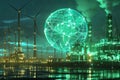 Futuristic rendering of a glowing green hydrogen molecule against the background of an evening sky, a factory with a