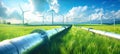 A futuristic rendering of a pipeline cutting through a field of wind turbines under a clear blue sky
