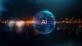Futuristic representation of AI technology with glowing globe and data patterns on dark background Royalty Free Stock Photo