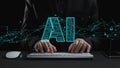 Futuristic Representation of Artificial Intelligence with Hands Typing on a Keyboard Surrounded by Data Visualizations Royalty Free Stock Photo