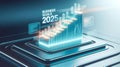 A futuristic representation of Business Goals 2025 . The design features a detailed, multi-layered 3D bar graph emerging from a Royalty Free Stock Photo