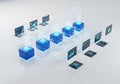 Abstract digital network architecture with glowing blue cubes and interconnected computer devices Royalty Free Stock Photo