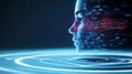 Futuristic representation of a digital face with data streams, isolated on dark background