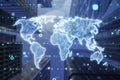A futuristic representation of a digital world map overlaying a complex technological interface with data points and flares