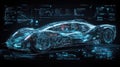 Futuristic Car Blueprint Digital Interface, Augmented Reality Design, Holographic Vehicle Display, Automotive Technology and Royalty Free Stock Photo