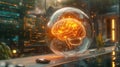 Brain Power: Artificial Intelligence Brain Glowing in a Glass Sphere on Futuristic Background Royalty Free Stock Photo