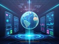 futuristic representation of healthcare technology featuring glowing globe surrounded by digital health data and analytics. This Royalty Free Stock Photo