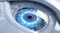 A futuristic representation of a robotic eye. Focused robot look. Abstract high tech concept. Digital or electronic technology. Royalty Free Stock Photo