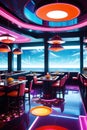 A futuristic restaurant bathed in neon, with the sky view, big wide windows, digital anime art