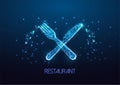 Futuristic restaurant menu, banquet concept with glowing low polygonal cutlery, silverware on blue