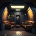 Futuristic Retro Bomb Shelter Livingroom Interior Realistic Metal Plates Wall Lether Sofa and Chairs Neon Tube Lights Glowing Royalty Free Stock Photo