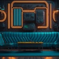 Futuristic Retro Bomb Shelter Livingroom Interior Realistic Metal Plates Wall Lether Sofa and Chairs Neon Tube Lights Glowing Royalty Free Stock Photo