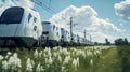 Futuristic Retro Electric Trains Amidst White Flowers Royalty Free Stock Photo