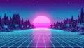 Futuristic Retro Landscape with Grid Pattern and Neon Sunset Royalty Free Stock Photo