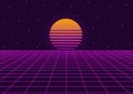 Futuristic retro landscape of the 80s. background. Neon geometric synthwave grid, light space with setting sun abstract Royalty Free Stock Photo