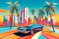 The futuristic retro landscape of the 80s. Illustration of the car and palm trees in retro style and vivid colors