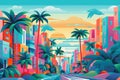 The futuristic retro landscape of the 80s. Illustration of the city and palms in retro style. Suitable for the design of