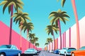 The futuristic retro landscape of the 80s. Illustration of the city and palms in retro style. Suitable for the design of