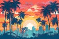 The futuristic retro landscape of the 80s. Illustration of the city and palms in retro style. Suitable for the design of
