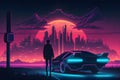 The futuristic retro landscape of the 80s. Illustration of the moon and car in retro style. Suitable for the design of