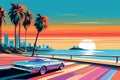 The futuristic retro landscape of the 80s. Illustration of the sun with mountains, city and car in retro style. Suitable