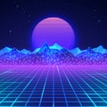 Futuristic retro landscape of the 80`s in neon colors. Sun with mountains in retro style. Digital retro cyber surface. Vector