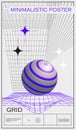 Futuristic retro poster. Abstract flyer with linear perspective grid, geometric shape, 3D sphere and strange wireframes Royalty Free Stock Photo