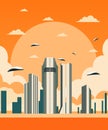 futuristic retro poster , futuristic city with high-rise buildings and flying transport Royalty Free Stock Photo