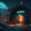 Futuristic Retro Sci-fi Fallout Bunker Bomb Shellter Enterence Exterior Steampunk Style Neon Color Lights Dark Rocky