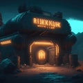 Futuristic Retro Sci-fi Fallout Bunker Bomb Shellter Enterence Exterior Steampunk Style Neon Color Lights Dark Rocky