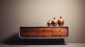 Futuristic Retro Wooden Dresser With White Vases